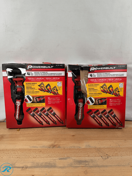 (2) Powerbuilt Ratchet Tie Down Set – 1.5 in. x 16 ft. 4-piece - Like New/(1) Strap Missing/Damaged Box - Roller Auctions