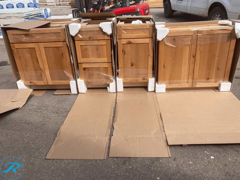 (4 Items Total) New in Box - Kraftmaid Deveron Natural Stained Alder Kitchen Cabinet - Base: (1) 29 5/8 in W x 34.5 in W x 24 3/4 in D (1) 17 1/2 in W x 34.5 in H x 24 7/8 in D. (1) 17 5/8 W x 34.5 in H x 24 7/8 in D. Wall: (1) 35 1/2 in W x 30 in H x 13 in D (MSRP $ 3100)