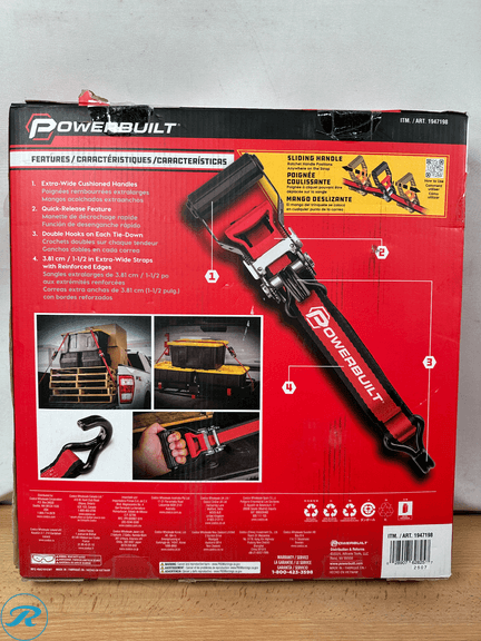 (2) Powerbuilt Ratchet Tie Down Set – 1.5 in. x 16 ft. 4-piece - Like New/(1) Strap Missing/Damaged Box - Roller Auctions