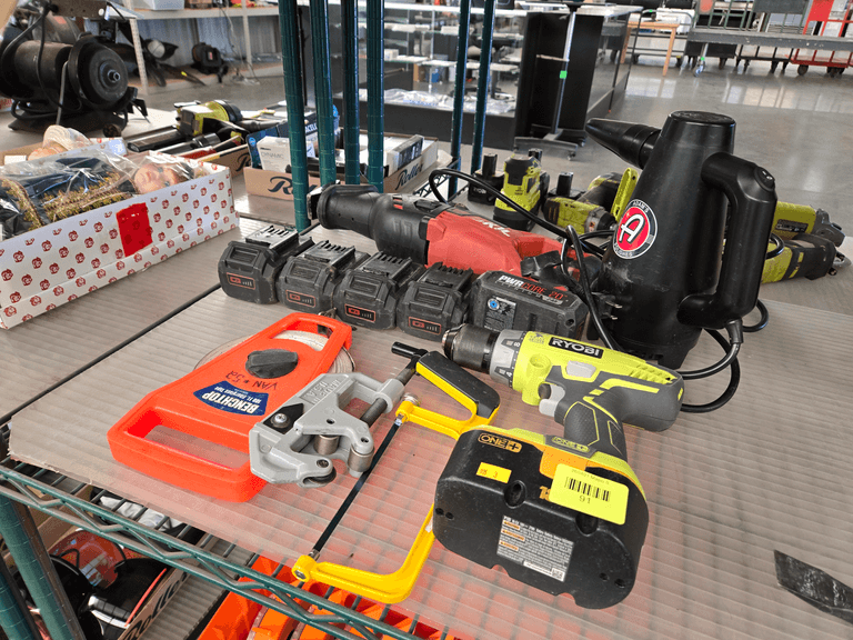 Skil PL Reciprocating Saw, Ryobi One+ Drill, Adam's Polishes Blower, BenchTop Tape, Pipe Cutter, Hack Saw, PowerCore 20V Lithium Batteries
