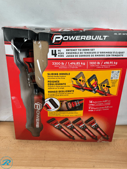 (2) Powerbuilt Ratchet Tie Down Set – 1.5 in. x 16 ft. 4-piece - Like New/(1) Strap Missing/Damaged Box - Roller Auctions