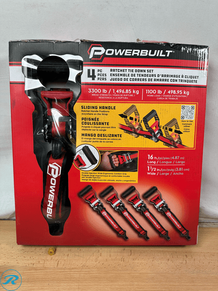 (2) Powerbuilt Ratchet Tie Down Set – 1.5 in. x 16 ft. 4-piece - Like New/(1) Strap Missing/Damaged Box - Roller Auctions