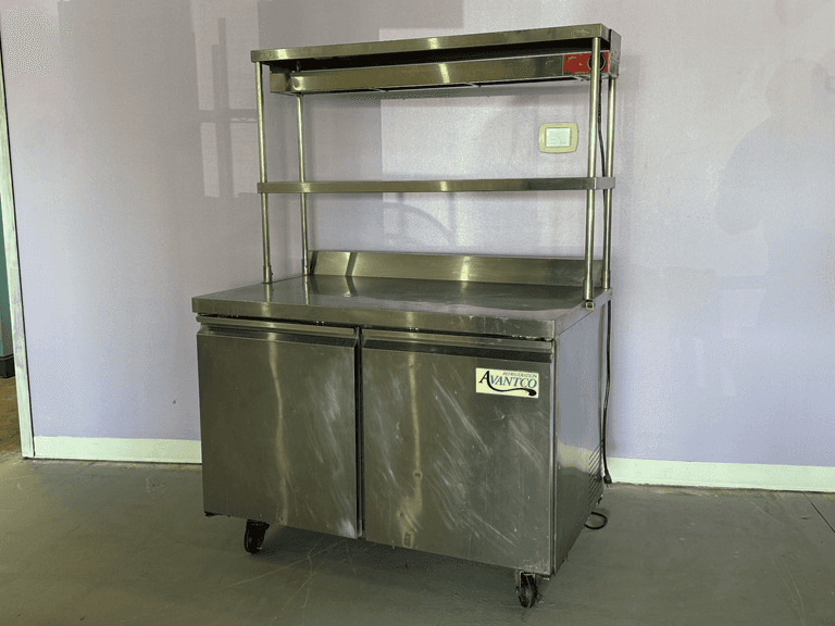 Avantco 178SSWT48FHC Refrigerated Worktop Table with Casters, Regency 600DOS1248 Overshelf and Avantco 48" Strip Warmer