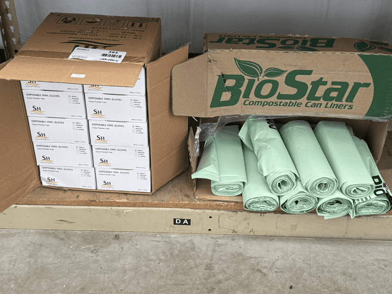 SH Disposable Vinyl Gloves and BioStar Compostable Can Liners