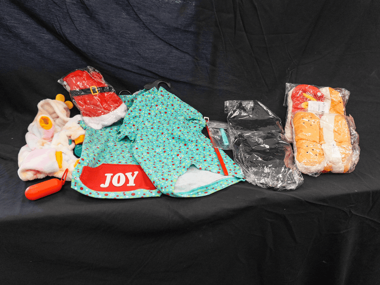 Assorted Dog Costumes, Sweaters, and Grooming Brush, Assorted Sizes