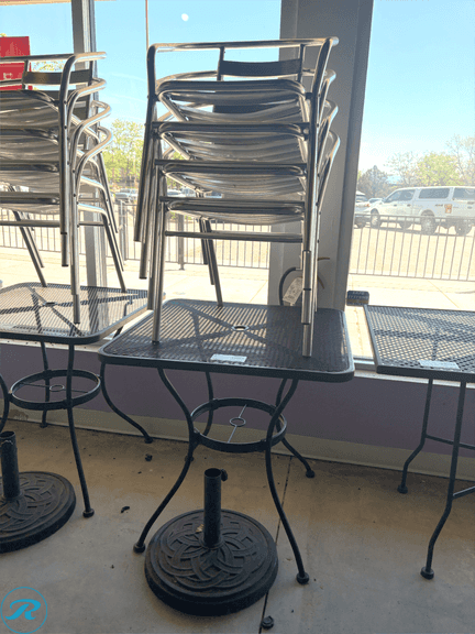 (4) Metal Patio Chairs and Square Mesh Table with Umbrella Base, 27in x 27in