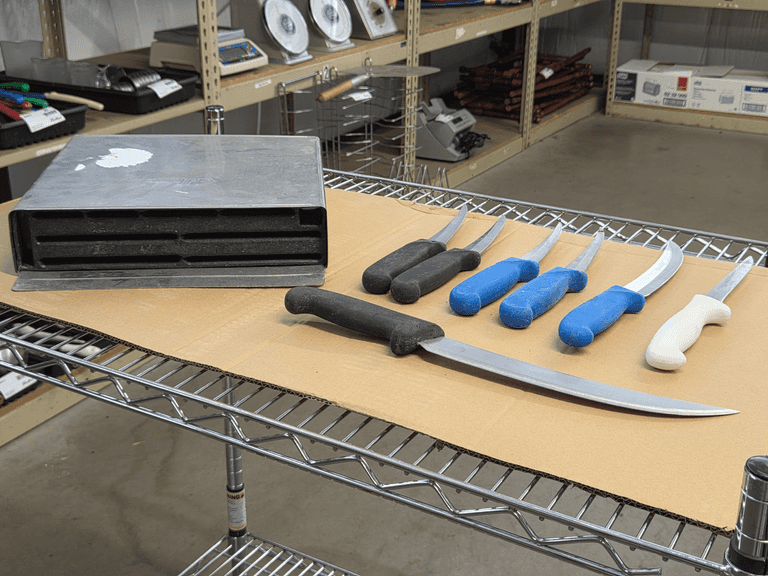 (7) Assorted Butcher Knives With Plastic Handles And Knife Block