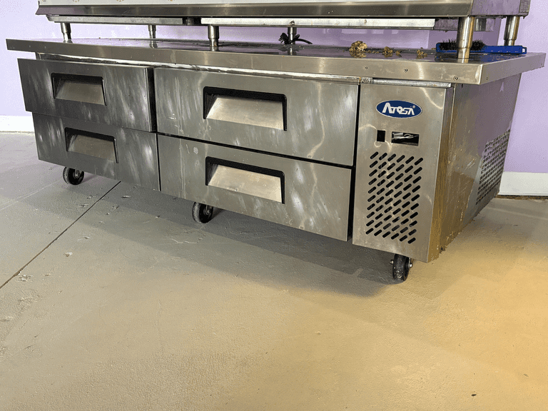 Atosa MGF8454GR 76″ Refrigerated Chef Base with Casters