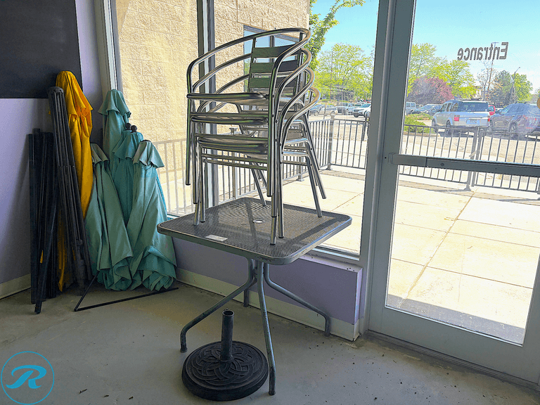 (4) Metal Patio Chairs and Square Mesh Table with Umbrella Base, 27in x 27in