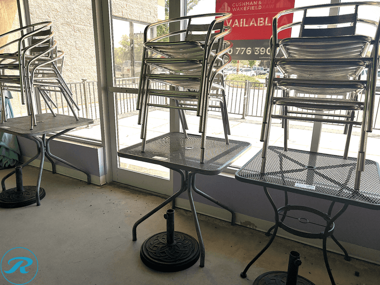 (4) Metal Patio Chairs and Square Mesh Table with Umbrella Base, 27in x 27in