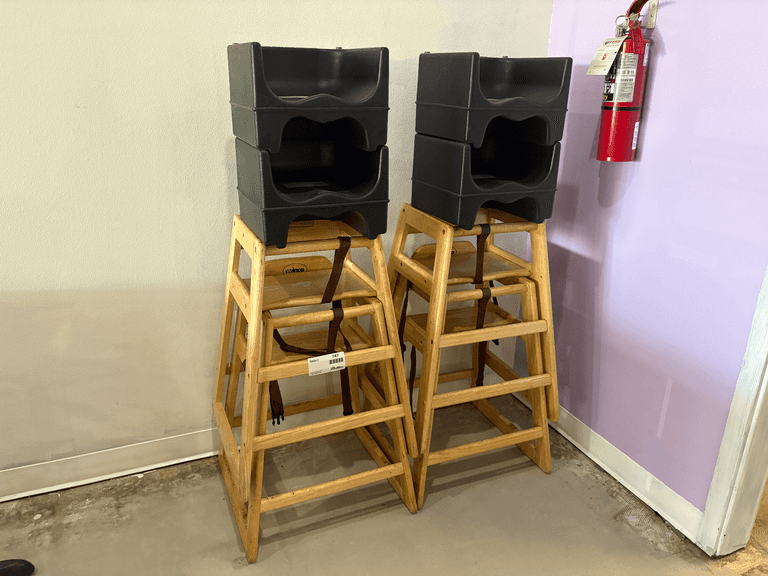 (4) Winco Wood High Chairs and (4) Booster Seats