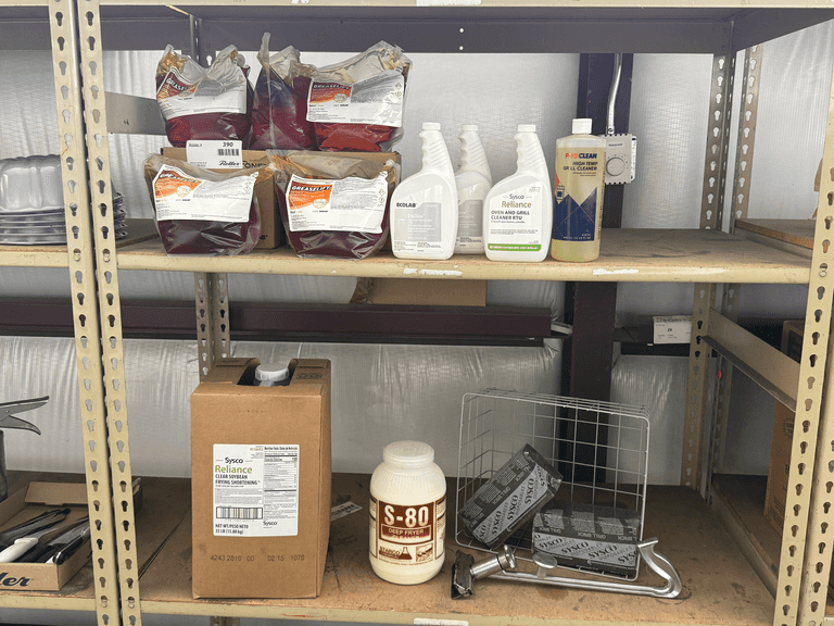 Sysco Reliance Clear Soybean Frying Shortening, Ecolab Greaselift, Grill Cleaners, S-80 Deep Fryer Cleaner, Wire Basket and Grill Bricks