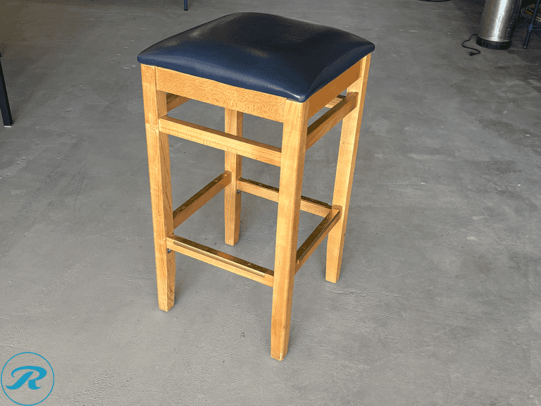 (8) Wooden Bar Stools, Vinyl Seats, Brass Footrest