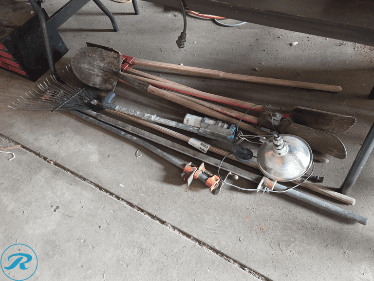 Group of Garden Tools, Pipe Clamps and Warehouse Lights