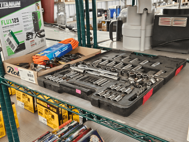 Powerbuilt Socket Set With Duralast Bits, Extension Cord, Safety Glasses, Multitool, Utility Knives (Socket Set Incomplete)