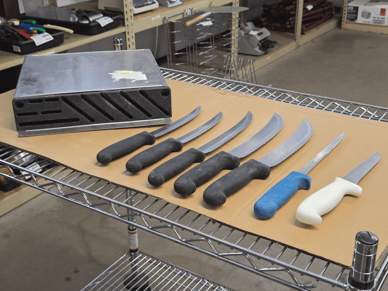 (7) Assorted Butcher Knives With Plastic Handles And Knife Block