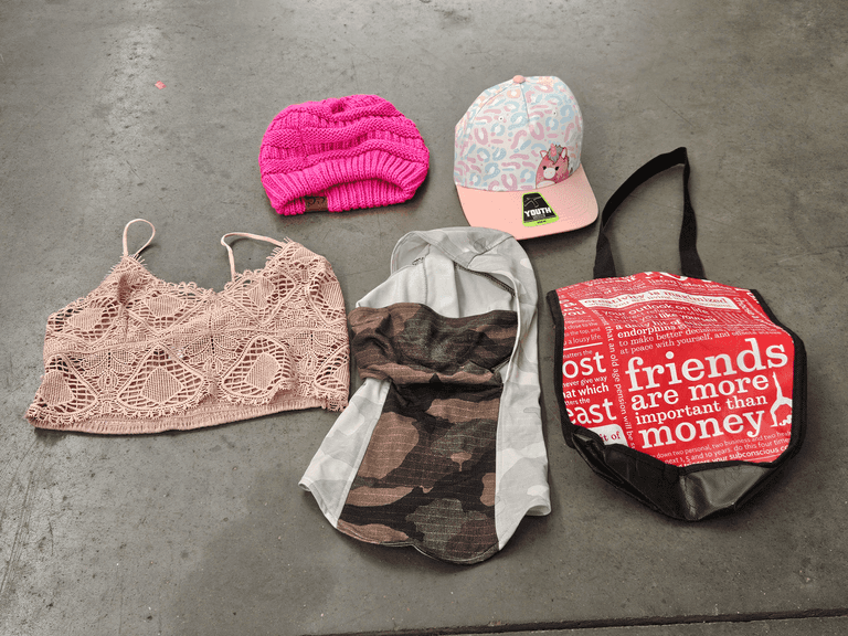 Youth Cap, Knit Beanie, Crochet Crop Top, Camo Hood, and Tote Bag - Roller Auctions