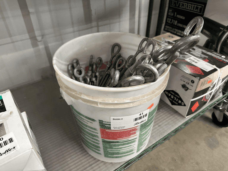 Bucket Of Galvanized Steel Eye Bolts And Turnbuckles