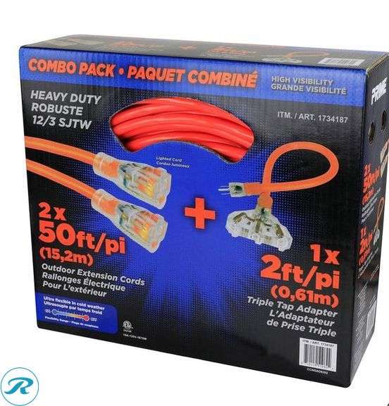Prime 50ft Neon Extension Cord 2-pack Plus One 2ft Triple Tap Adapter - New