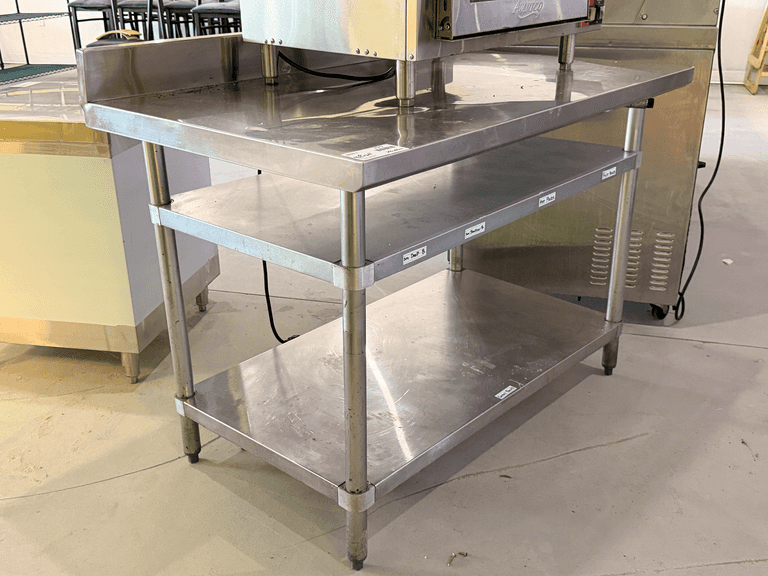 Stainless Steel Three-Shelf Work Table with Backsplash, 48in x 30in