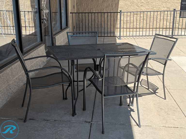 (4) Metal Patio Chairs and Square Mesh Table with (2) Umbrella Bases, 30in x 48in
