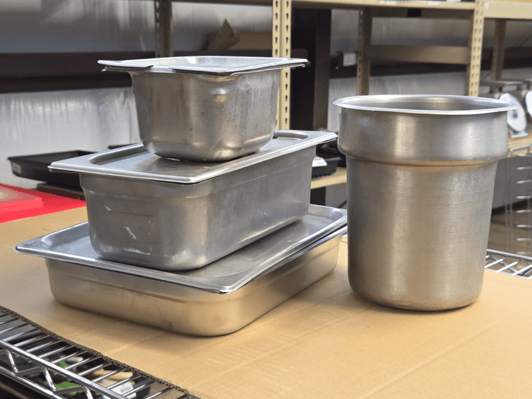 Assorted Stainless Steel Food Pans, Lids, and Bain Marie Insert