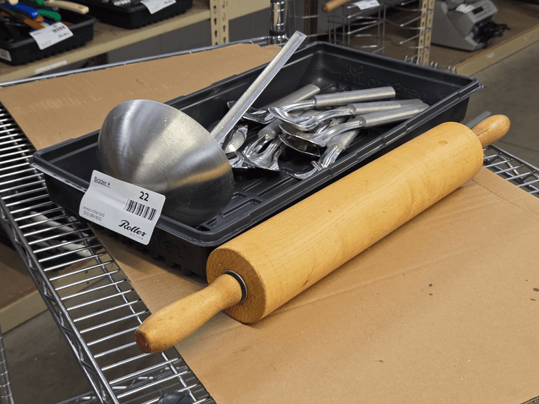 Tray of Kitchen Utensils, Rolling Pin, Ladle, Ice Cream Scoops, Tongs