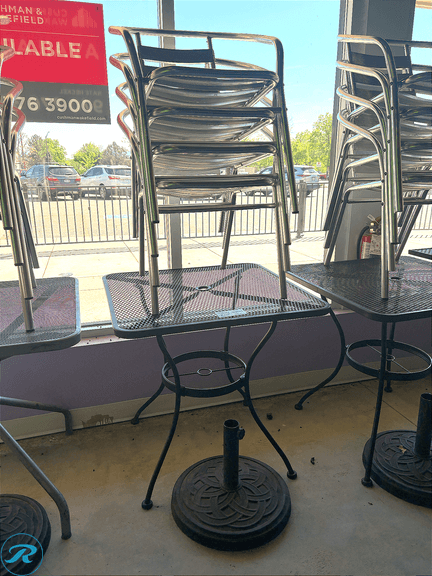 (4) Metal Patio Chairs and Square Mesh Table with Umbrella Base, 27in x 27in