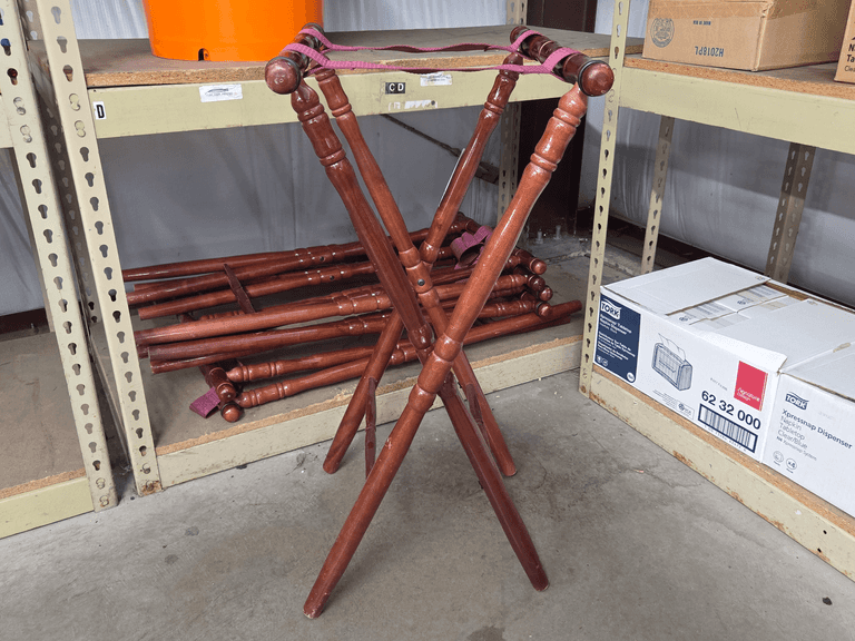 Wood Folding Tray Stands With Burgundy Straps