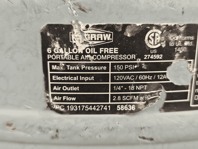 McGraw 274592 Oil Free Portable Air Compressor, 6 Gallon, 150 PSI, 120VAC (Leaks Air From Chuck) - Roller Auctions