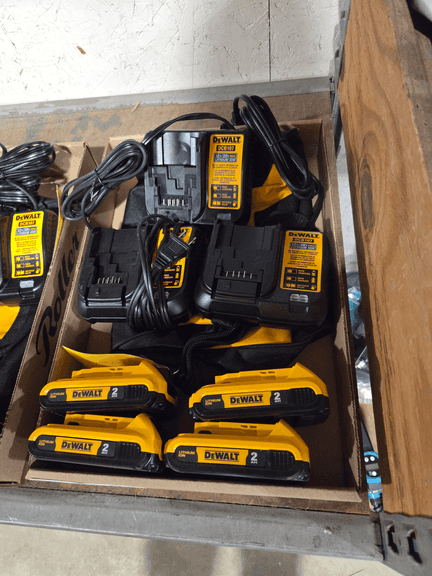(3) DeWalt DCB107 Lithium Ion Battery Chargers and (4) 2Ah Lithium Ion Batteries