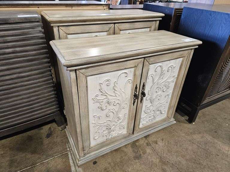 (2) Wooden Accent Cabinets With Carved Scroll Door Panels, 36"x14"