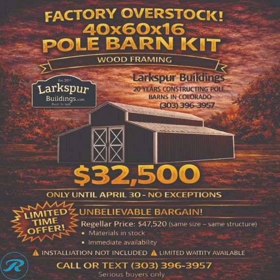 DIY KIT: ASSEMBLY REQUIRED: 40x60x16 Pole Barn Kit - Complete Package -"Larkspur Buildings Provide Professional Square Alignment And Structural Opening For Only $2900 And Professional Trusses Installation For Only $2900"- Trusses, Framing, Metal Siding & Roofing Included. Code compliance for 35 Snow load (Can upgrade for additional cost)