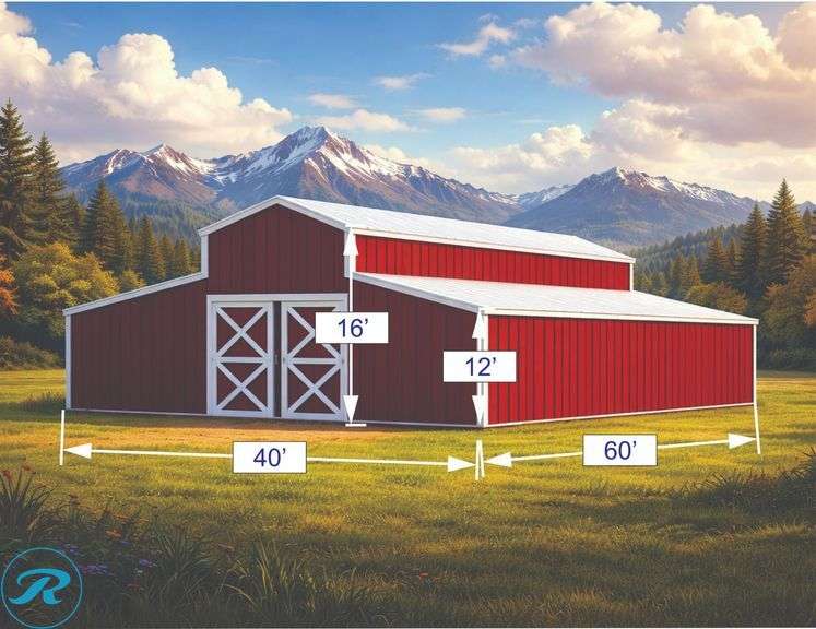 DIY KIT: ASSEMBLY REQUIRED: 40x60x16 Pole Barn Kit - Complete Package -"Larkspur Buildings Provide Professional Square Alignment And Structural Opening For Only $2900 And Professional Trusses Installation For Only $2900"- Trusses, Framing, Metal Siding & Roofing Included. Code compliance for 35 Snow load (Can upgrade for additional cost) - Roller Auctions