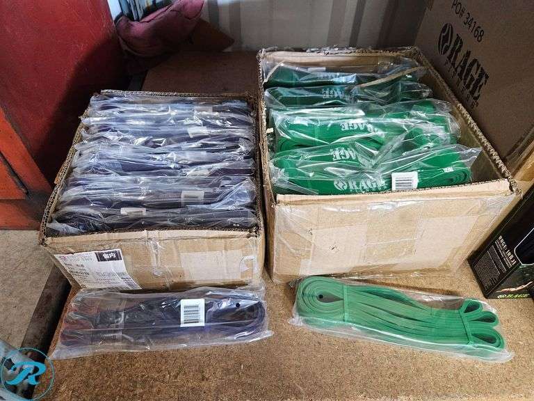 Shelf of New Fitness Equipment: Resistance Bands, Speed Ropes, 35lb Slam Balls, 12" Steel Plyo Box - Roller Auctions