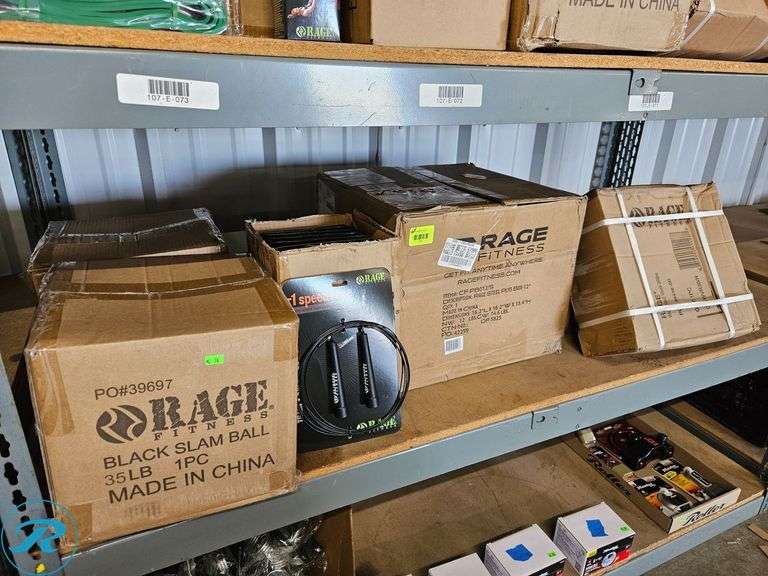 Shelf of New Fitness Equipment: Speed Ropes, 35lb Slam Balls, 12" Steel Plyo Box, 36lb Weighted Vest