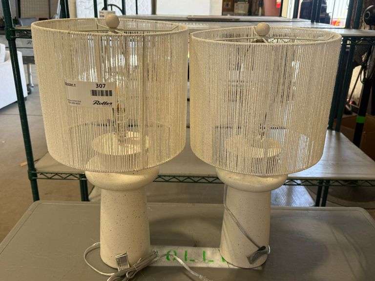 (2) Ceramic Table Lamps With White String Shades