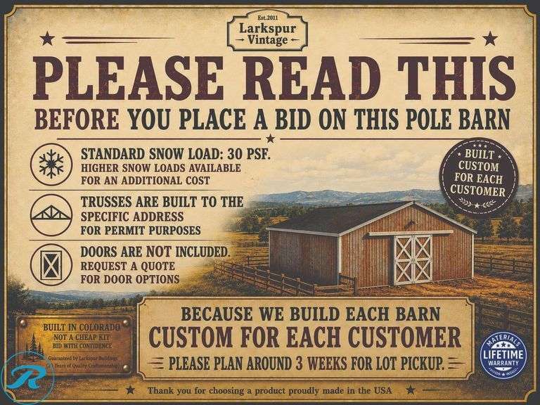 DIY KIT: ASSEMBLY REQUIRED: 60x100x16 Pole Barn KIT "Larkspur Buildings Provide Professional Square Alignment And Structural Opening For Only $2900 And Professional Trusses Installation For Only $2900" Trusses, Lumber, Siding & Roofing - Plans & Instructions Included. Code compliance for 30 Snow load (Can upgrade for additional cost) - Roller Auctions