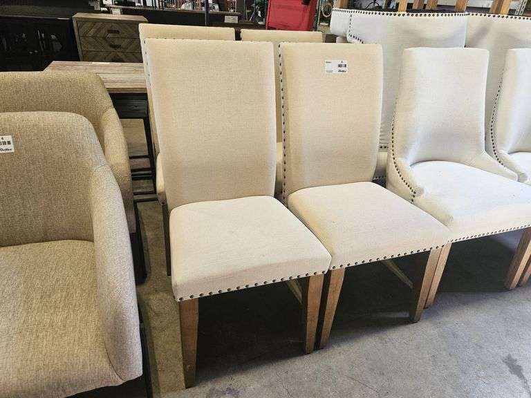 (4) Upholstered Parsons Dining Chairs, Beige Fabric, Nailhead Trim, Wood Legs