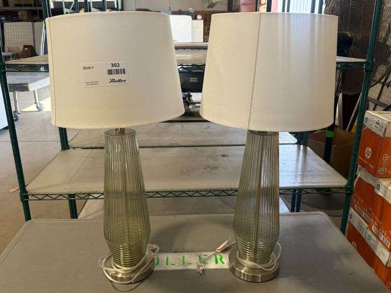 (2) Glass Table Lamps With Ribbed Bases And White Fabric Shades