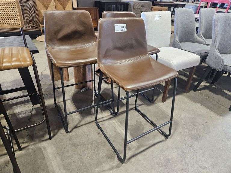(3) Brown Faux Leather Bar Stools With Black Metal Base