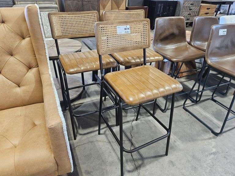 (3) Mid-Century Modern Cane Back Bar Stools, Tan Faux Leather, Metal Base