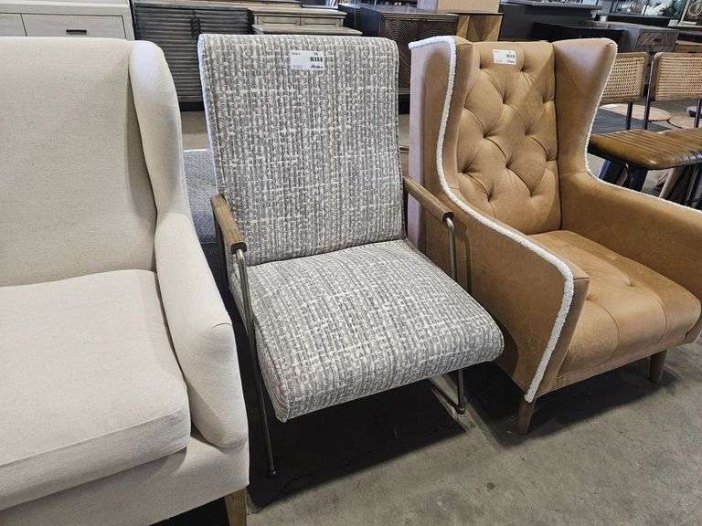 Modern Upholstered Armchair with Metal and Wood Arms