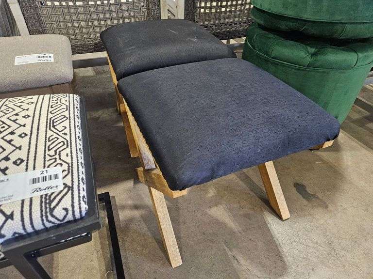 X Stool Ottoman Chair, Black Fabric, Wood Legs