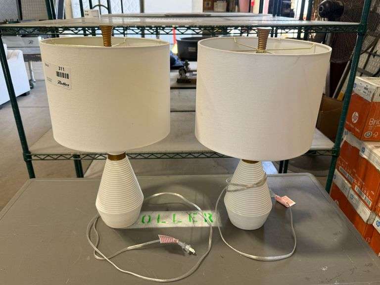 (2) White Ribbed Ceramic Table Lamps With Fabric Shades