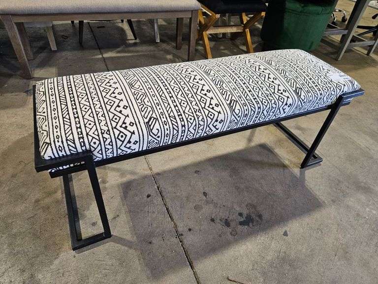 Upholstered Metal Frame Bench With Black And White Geometric Pattern, 47” x 16”