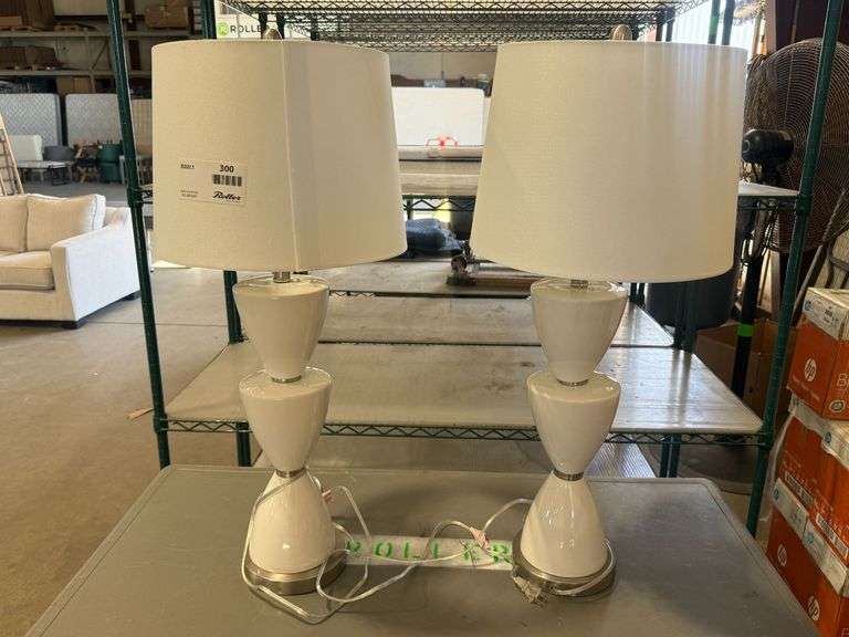 (2) White Ceramic Table Lamps With Brushed Nickel Base And Fabric Shade