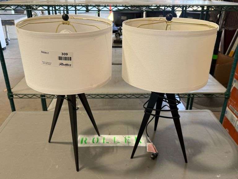 (2) Tripod Base Table Lamps With White Drum Shades, Electric