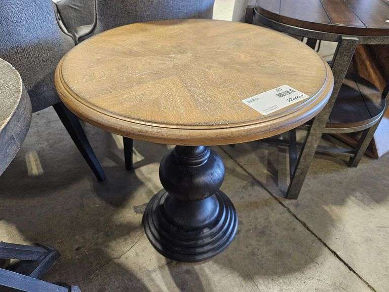 Round Wood Pedestal Side Table with Decorative Veneer Top and Black Base, 23”