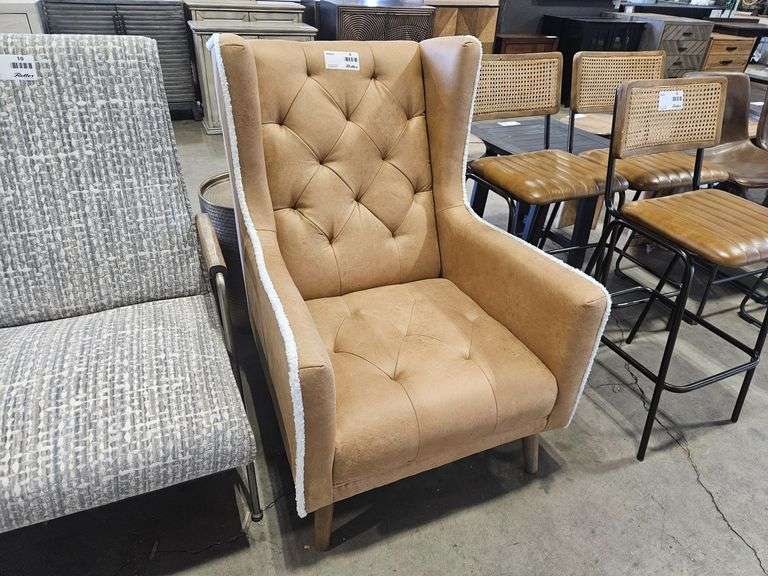Tan Tufted Wingback Accent Chair with Sherpa Trim